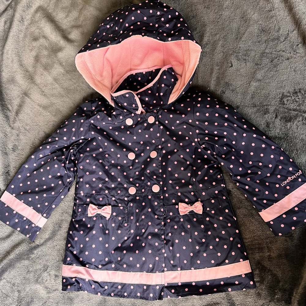 London Fog fleece lined coat 2T navy blue with pink polka dots